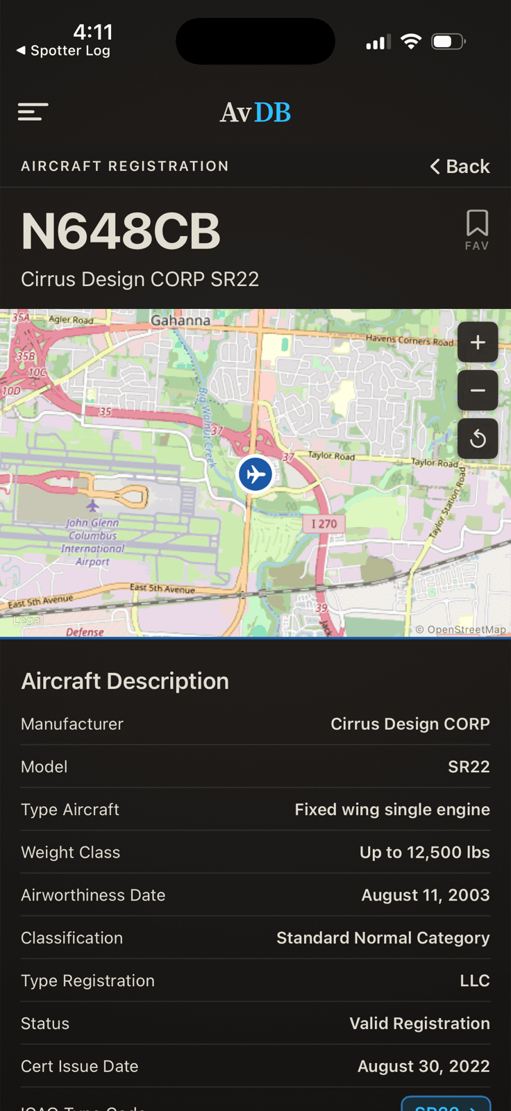 AvDB aircraft registration lookup detail for N648CB, a Cirrus SR22, with map and full FAA registry record